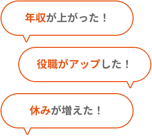 年収が上がった！、役職がアップした！、休みが増えた！